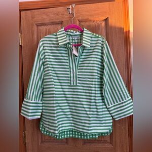 NWT Hinson Wu 3/4 Sleeve Green Striped/Gingham Women's Blouse with Back Button